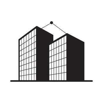Black and white graphic of two connected modern buildings with grid windows architecture icon vector