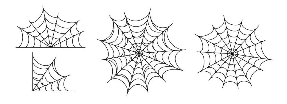 Black spooky spider web collection. Creepy cobweb set. Halloween frame and borders elements for banner, poster, decoration. Linear corner scary tangled net bundle. Haloween outline pack vector