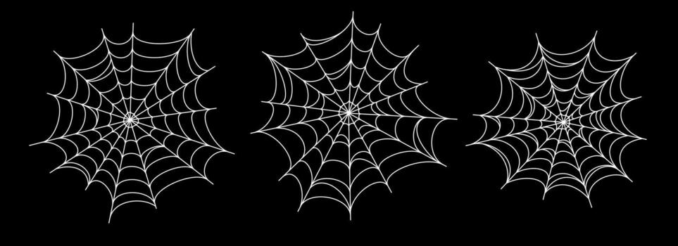 blanco escalofriante araña web recopilación. Siniestro telaraña colocar. Víspera de Todos los Santos marco y fronteras elementos para bandera, póster, decoración. lineal de miedo enredado red manojo. haloween contorno paquete vector