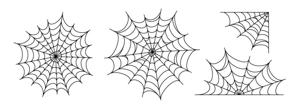 Black spooky spider web set. Creepy cobweb collection. Halloween frame and borders elements for banner, poster, decoration. Linear corner scary tangled net bundle. Haloween outline pack vector