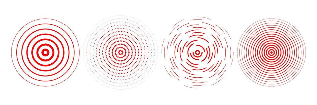Red radial concentric circle set. Sound wave signal collection. Halftone, dashed and dotted rings for epicenter, target, radar, earthquake shockwave symbols. Ripple expansive vibration elements vector