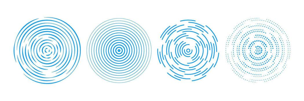 Blue radial concentric circle set. Sound wave signal collection. Halftone, dashed and dotted rings for epicenter, target, radar, earthquake, tsunami symbol. Ripple expansive vibration elements vector
