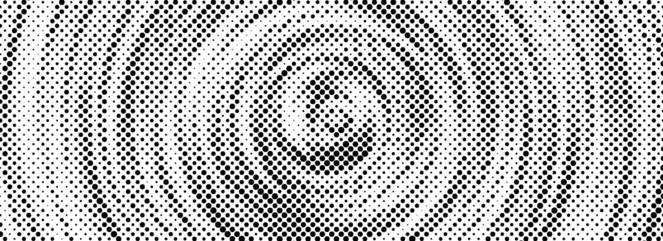 Black halftone concentric circle texture. Dots radial gradient background. Rippled repeating sound wave ring wallpaper. Rasterized backdrop for epicenter, target, radar signal, vibration vector
