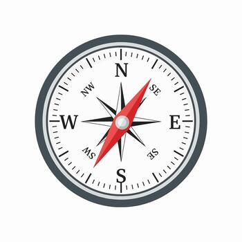 A navigational compass with a detailed dial and a red needle pointing toward northeast indicating direction and orientation vector