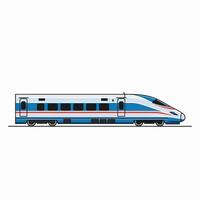 pulcro azul y blanco alto velocidad tren de viaje en pistas con rojo rayas y azul ventanas vector
