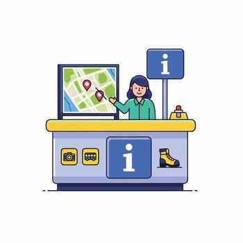 Information desk attendant pointing at map with route and tourist assistance icons vector