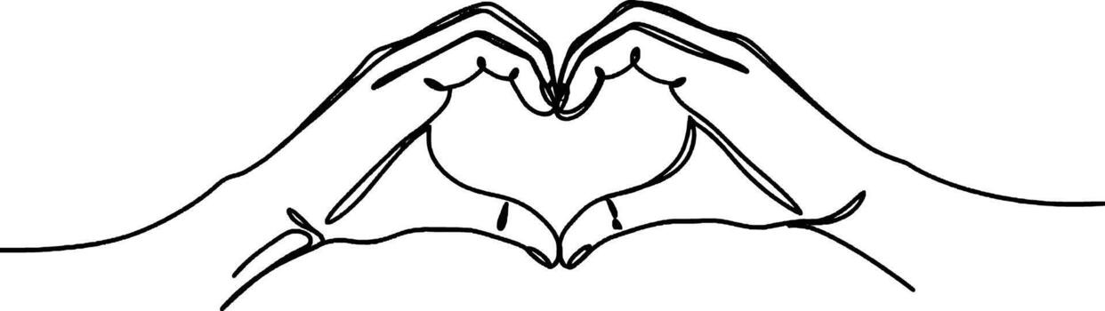 Minimalist One Line Drawing of Hands Forming Heart Shape Simple continuous line art of two hands creating a love heart gesture. Perfect for romance, care, and lifestyle design project vector