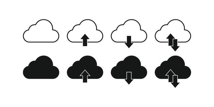 un conjunto de resumido y sólido nube íconos representando nube almacenamiento, subir, descargar, y sincronización vector