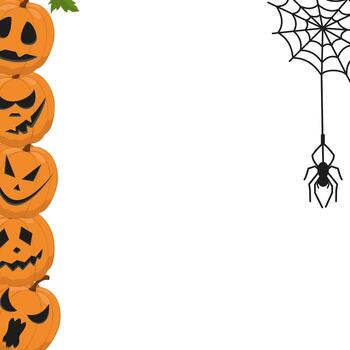 Halloween card with cute and modern design. Image of pumpkin with grimaces and spider on the web. vector