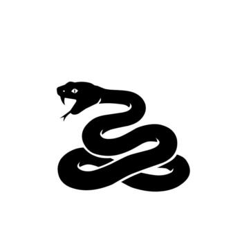 Black silhouette of venomous snake with open mouth and fangs. reptile illustration representing danger, poison, power, and wildlife in simple bold style vector