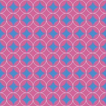 Seamless abstract pattern featuring repeating geometric shapes in pink and blue, outlined with white circles. vector
