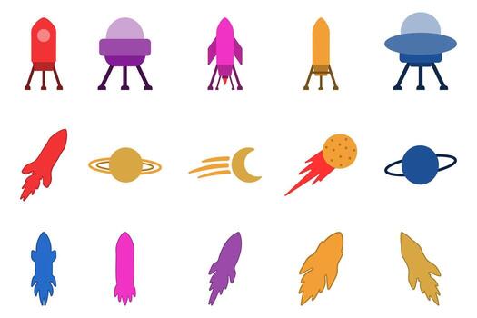 vistoso conjunto de espacio objetos cohetes, planetas, y ovnis vector
