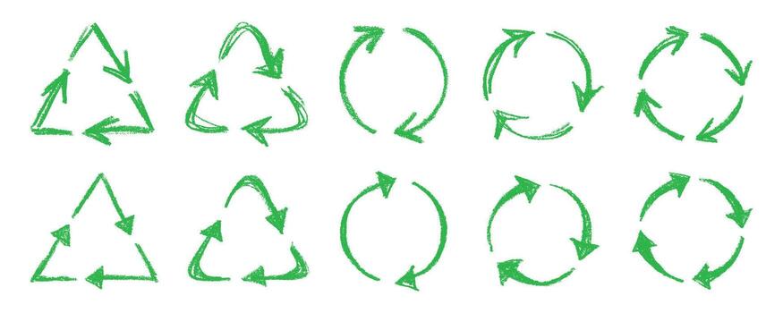 concept conservation Set of hand drawn recycle arrow icon Recycling resources symbol Reuse of materials, zero waste, green environment, saving the planet vector