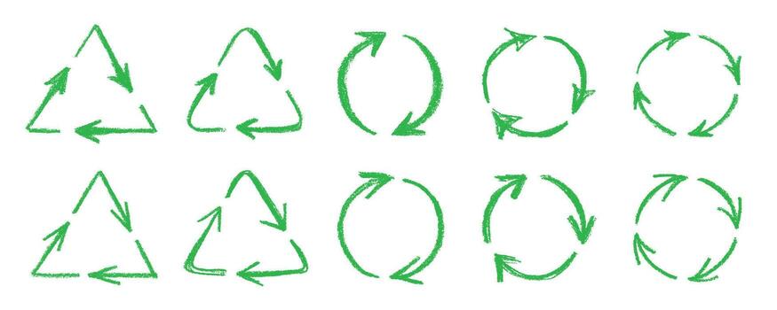 conjunto de mano dibujado reciclar flecha icono reciclaje recursos símbolo reutilizar de materiales, cero desperdiciar, verde ambiente, ahorro el planeta concepto conservación vector