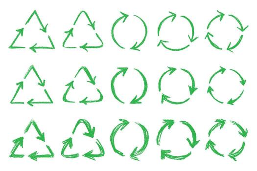 Set of hand drawn recycle arrow icon Recycling resources symbol Reuse of materials, zero waste, green environment, saving the planet concept rotation vector