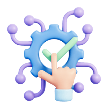 Eu engrenagem com marca de verificação e mão toque para aprovação e validação, conformidade análise, fluxo de trabalho automação e processo ao controle, verificação painel, qualidade garantia, monitoramento, 3d ilustração png