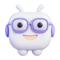 chatbot assistente personagem com óculos e fone de ouvido, virtual agente para cliente Apoio, suporte e Central de Ajuda, bate-papo Mensagens conversação e responder, amigáveis avatar para aplicativo interface do usuário, 3d ilustração png