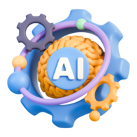 ai cérebro com neural rede dentro engrenagem e órbita argolas, máquina Aprendendo símbolo, digital conhecimento, dados em processamento e automação sistema para pesquisa e tecnologia, 3d ilustração png