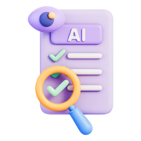 ai lista de controle documento com marcas de seleção, ampliação vidro e olho para auditoria, verificação, conformidade análise, qualidade ao controle inspeção, aprovação fluxo de trabalho, monitoramento, 3d ilustração png