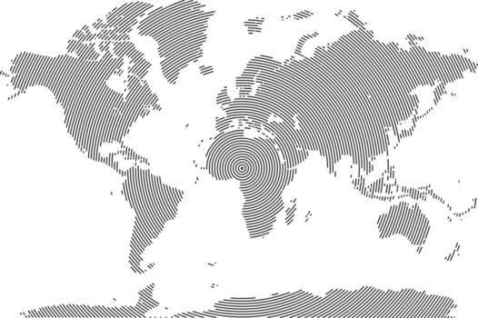 Dotted shape world map design. Circle dot shape continents in a new light. Round line shape world map with circle shapes. A geographic map with a focus on abstract patterns and design lements. vector