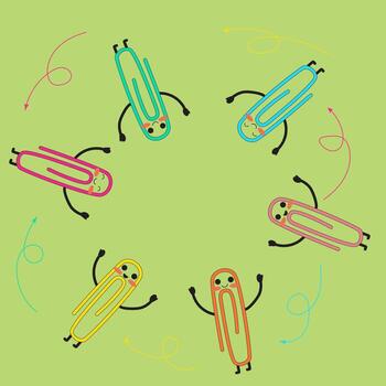 A set of cheerful, hand-drawn, animated paper clips. Icons of paper clips with arms and legs dancing in a circle. vector