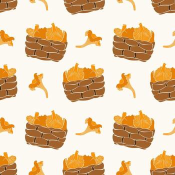 Mushroom picking in forest. Pattern with colorful chanterelle mushrooms in wicker basket. On light background. vector