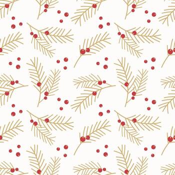 Pattern with beige thorny juniper branches with red berries, Christmas, winter New Year background. vector