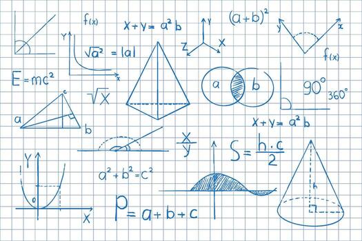 Math symbols blue pencil formulas hand drawn on notebook page background. Sketch symbols mathematical equations, schemes geometry shapes. vector