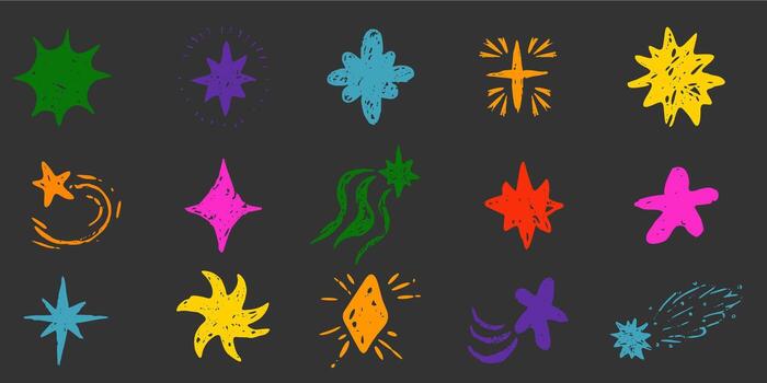 Star crayon chalk pencil handdrawn scribble sketch or doodle design element. Textured sparkle figure school scribble bg. Crayon twinkle blink, firework, glitter silhouette and glowing symbols vector