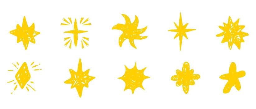Star crayon chalk pencil crayon hand drawn scribble sketch or doodle design element. Textured sparkle figure school scribble bg. Crayon twinkle blink, firework, glitter silhouette and glowing symbols vector