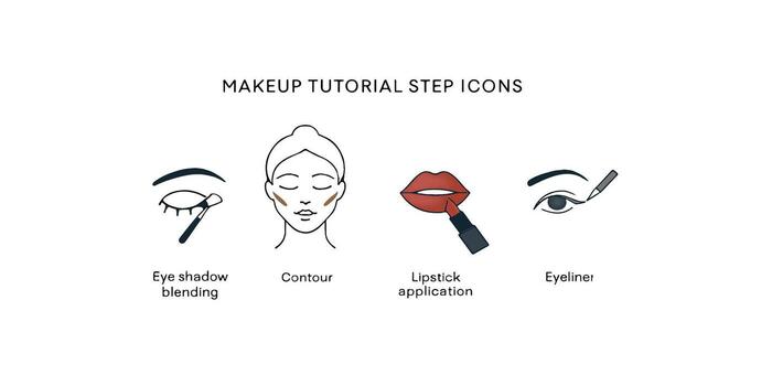Print Professional makeup tutorial step icons eye shadow blending contour lipstick application eyeliner minimal editable flat design vector