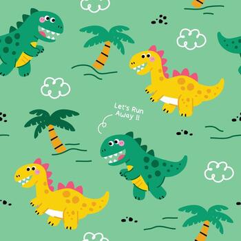 Cute Hand Drawn Dino Pattern with Tree vector