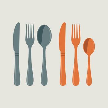 Six cutlery pieces, three grey and three orange, arranged in two rows with different order vector