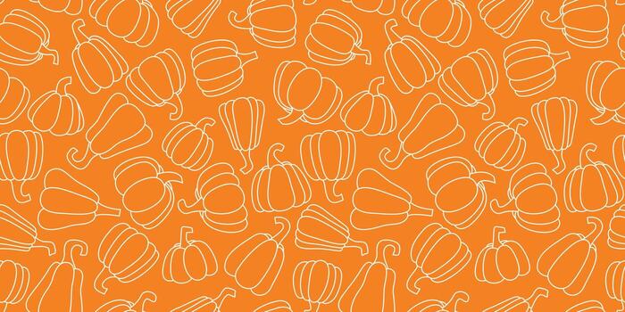 Silhouette of various pumpkins on orange background, seamless pattern. Autumn background with gourd vegetables. Fall vegetables for printing on paper, packaging, design, graphics vector