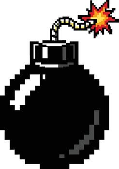 Retro pixel art bomb exploding with fiery fuse silhouette vector