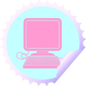 human made computer with mouse and screen circular peeling sticker in bright neon color vector
