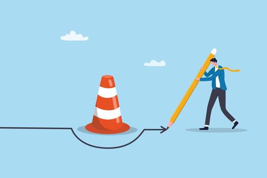 Overcome obstacle, problem or roadblock, solving problem with creative solution, change path to progress to success, obstruction or barrier, businessman draw solution line to overcome obstacle. vector