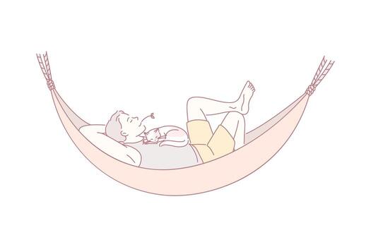 Man relaxing in a hammock with cat vector