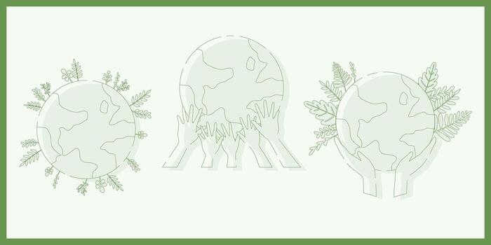 Hand drawn Happy Earth Day line drawn. Concept of caring for the earth, environmental problems and protection collection set. planet with hands holding, supporting vector