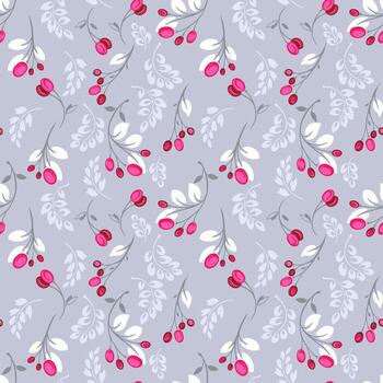 sin costura modelo con decorativo ramas de rojo bayas y blanco hojas en suave gris antecedentes. elegante botánico diseño para textiles, fondos de pantalla, envase y papelería vector