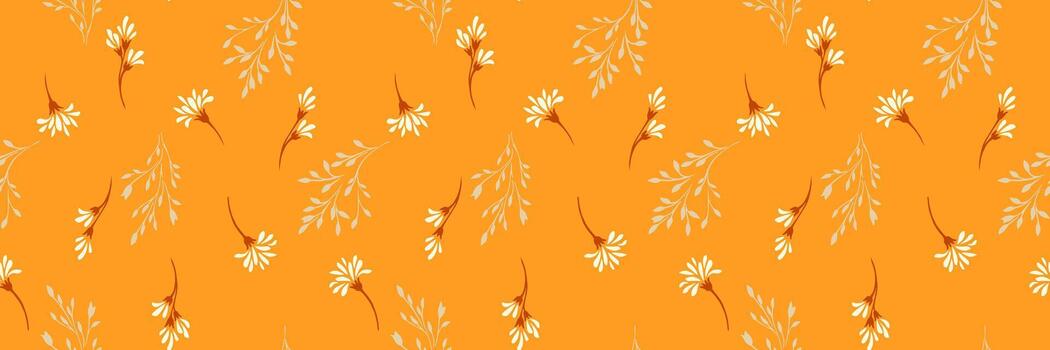 Seamless pattern with delicate white flowers and soft beige leaves on a warm orange background. The floral elements are scattered in a balanced composition, creating a natural, elegant look vector