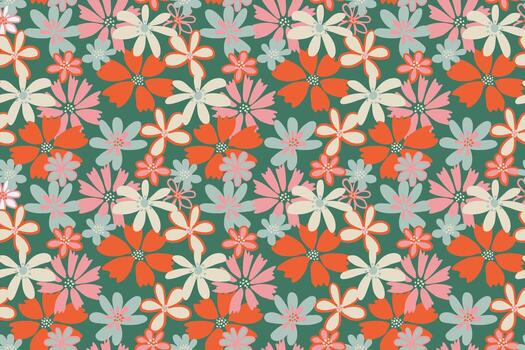 sin costura floral modelo con resumen rojo, crema, rosa, y verde azulado flores en verde antecedentes. moderno retro estilo diseño para tela, fondo de pantalla, envase, y superficie impresión vector