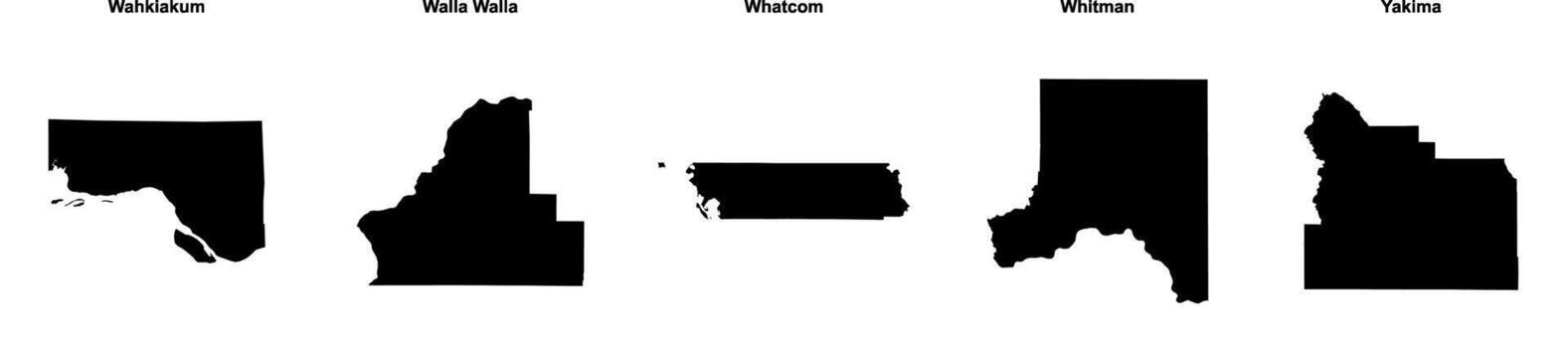 Wahkiakum, Walla Walla, Whatcom, Whitman, Yakima outline maps vector