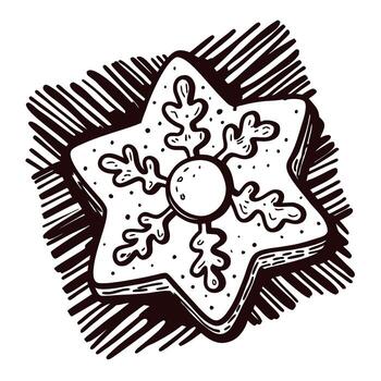 Hand drawn star shaped biscuit with intricate snowflake pattern and shading isolated on white background vector