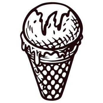 Hand drawn melting ice cream cone sketch with detailed waffle texture and dripping scoop isolated on white background vector