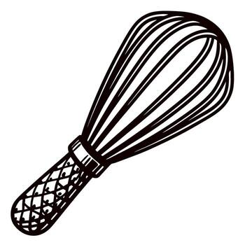Hand drawn wire whisk illustration with textured handle isolated on white background in vintage vector