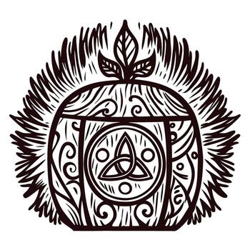 Hand drawn stylized apple with intricate celtic patterns, swirling lines, and leaf accent on white background vector