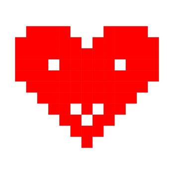 Pixel art red heart with bright smiling face, nostalgic 8 bit digital icon symbolizing joy, love, gaming fun, and retro Valentine's Day themes vector