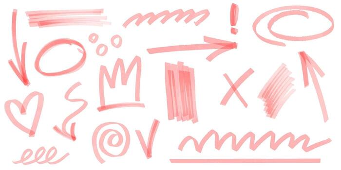 Highlight marker element set. Color marker and brush stroke with highlight underline, arrow and round circle. Hand drawn scribbles for text emphasis or correction marks. Doodle underlining vector