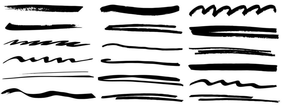 Highlight marker lines set. Hand drawn underline stroke and marker scribble. Rough brush stripe design. swoosh brush underline set for accent, marker emphasis squiggle element vector